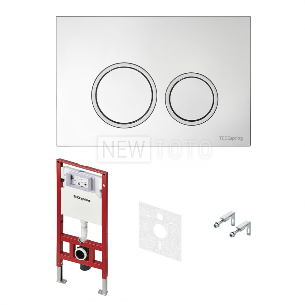 Комплект для установки подвесного унитаза: застенный модуль TECEspring, пластиковая панель смыва TECEspring R, хром глянцевый фото №1