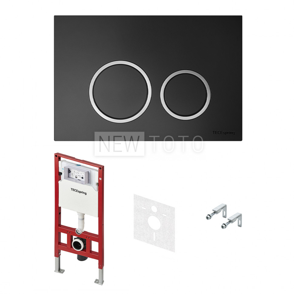 Комплект для установки подвесного унитаза: застенный модуль TECEspring, пластиковая панель смыва TECEspring R, черная матовая с хромированным контуром клавиш фото №1