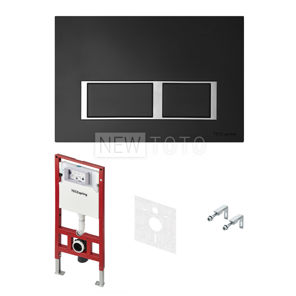 Комплект для установки подвесного унитаза: застенный модуль TECEspring, пластиковая панель смыва TECEspring V, черная матовая с хромированным контуром клавиш фото №1